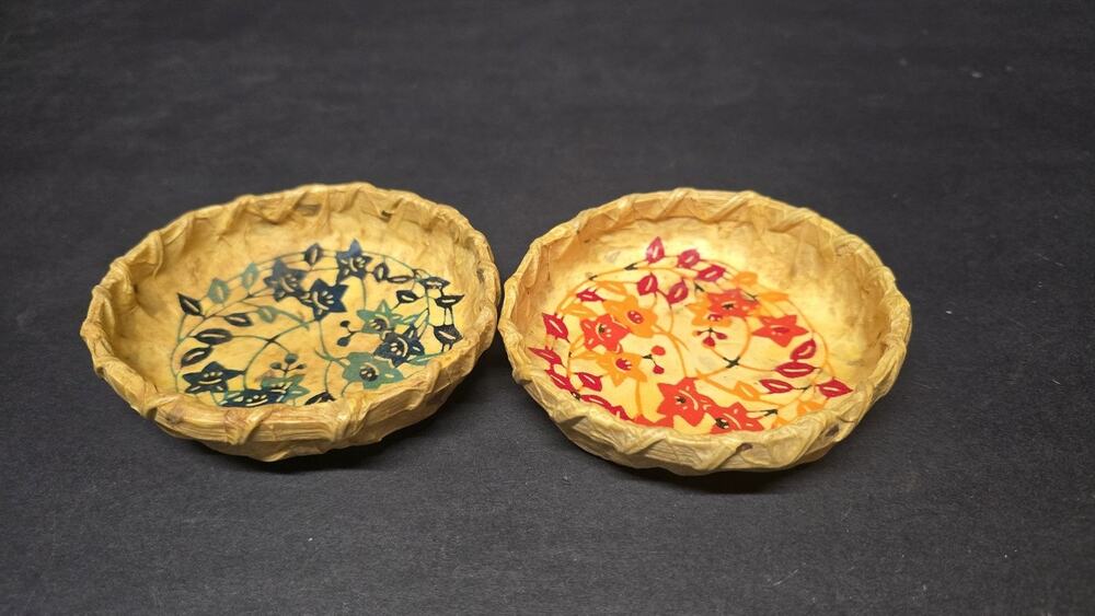 Paper Mache Hand Painted Wood Basket Decorative Bowls Set 2 Floral Decor Rustic